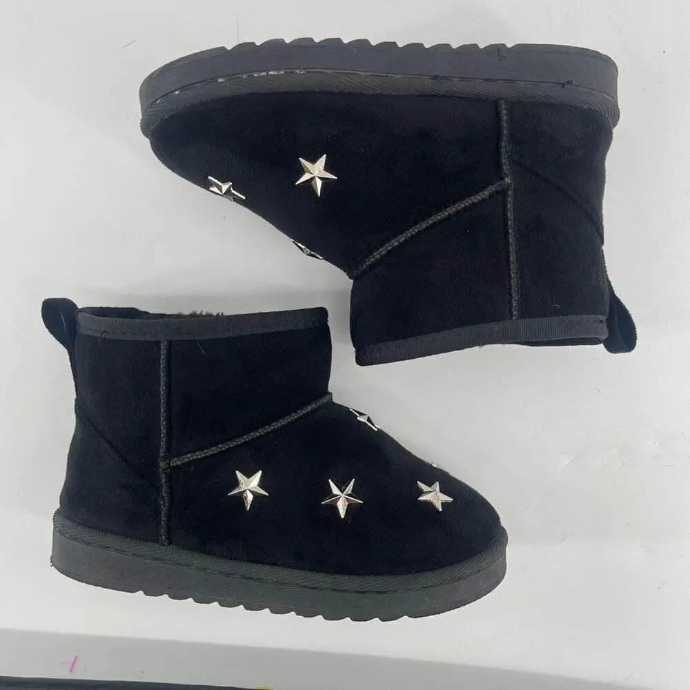 Chulis Girls Black Star Studded Faux Fur Ankle Boots Size 13